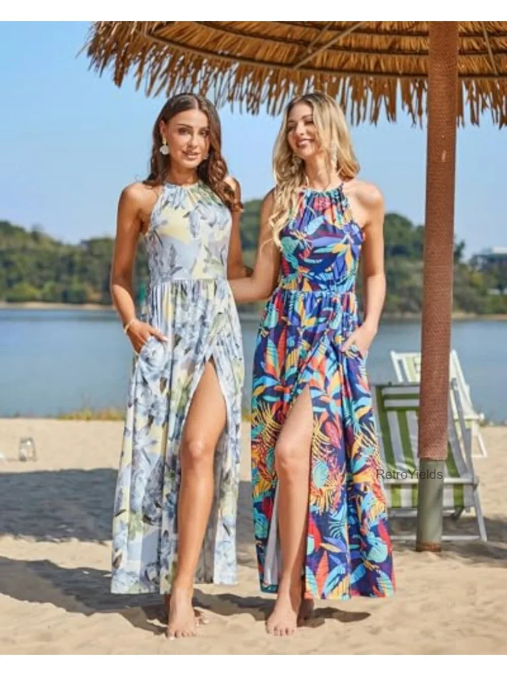 KILIG Women's Floral Split Maxi Dress Sleeveless Halter Beach Summer
